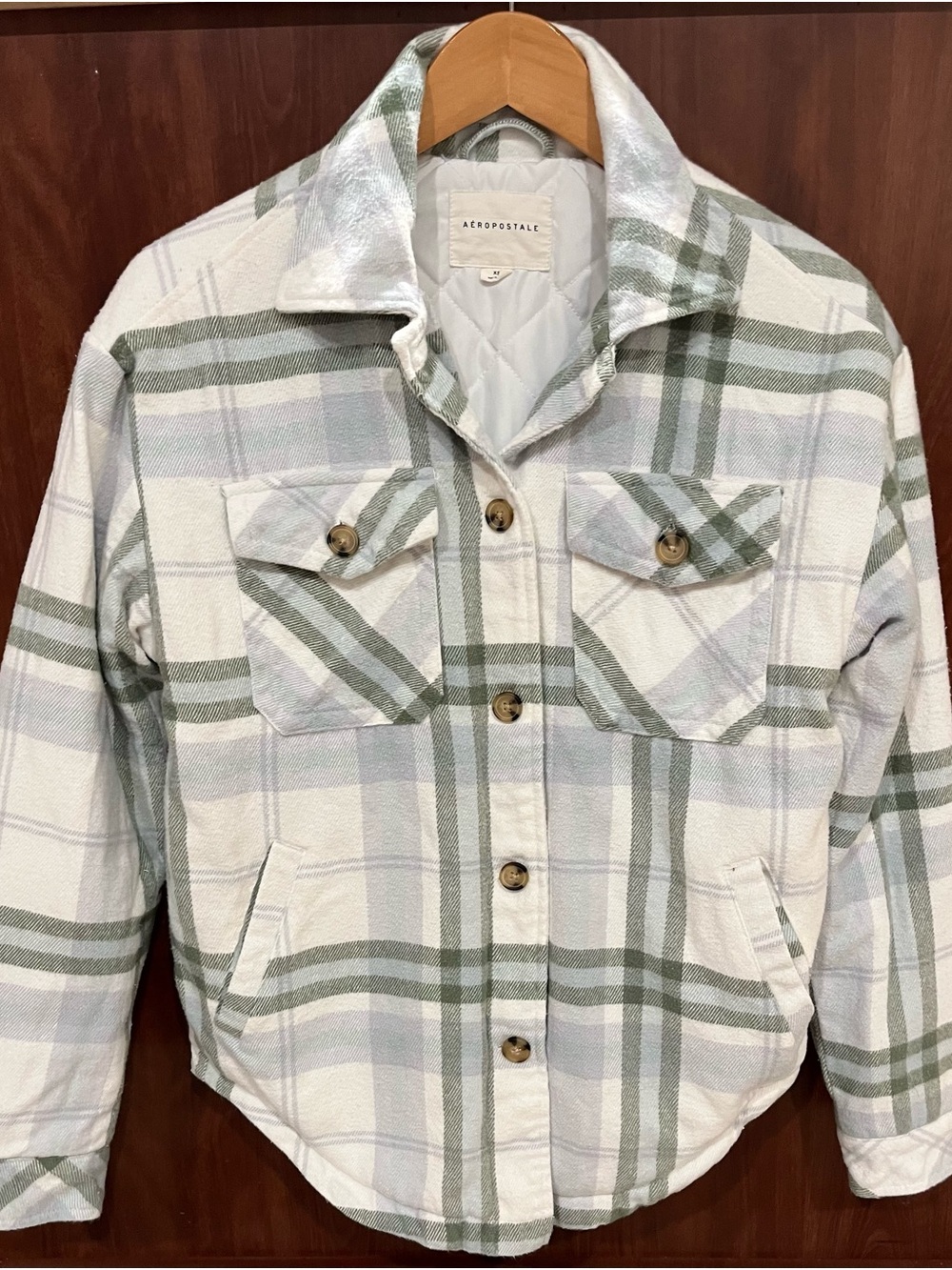 Aeropostale Plaid Quilted Shacket in Cream and Sage